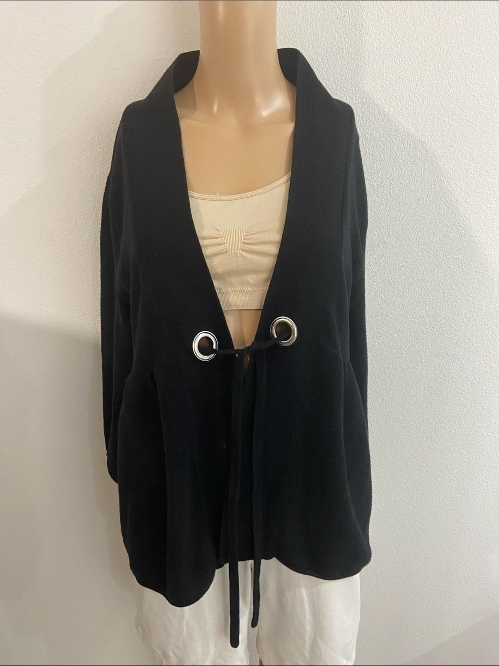 Apt. 9 Black Open-Front sweater with Silver Eyelets & Drawstring SZ XL